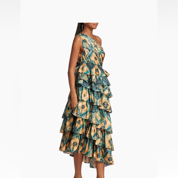SOLD Ulla Johnson Auryn One-Shoulder Tiered Silk Gown-Midi in Constellation - Picture 2 of 11